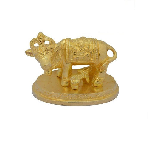 Brass Golden Kamdhenu Cow With Calf Idol Specially From Nachiyarkovil Kumbakonam (10 SGD For Preorder & Delivery In 15 Days) - 2 Inch