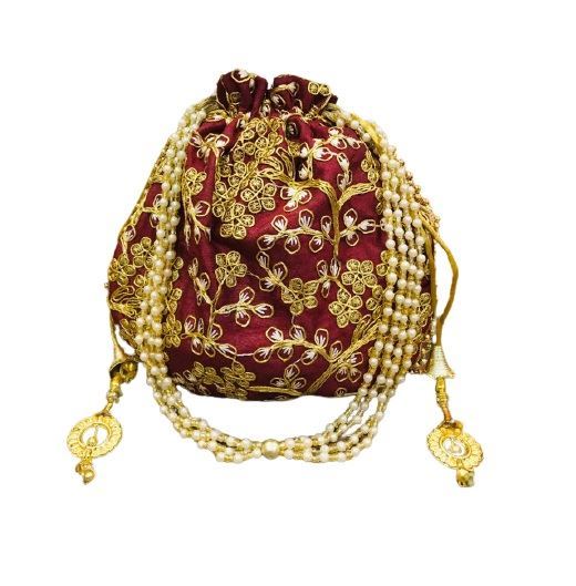 Designer Raw Silk Potli Bag With Golden Zari & Thread Embroidery Work MAROON Colour  for Gifting (Ganesh Puja Navratri & Diwali)